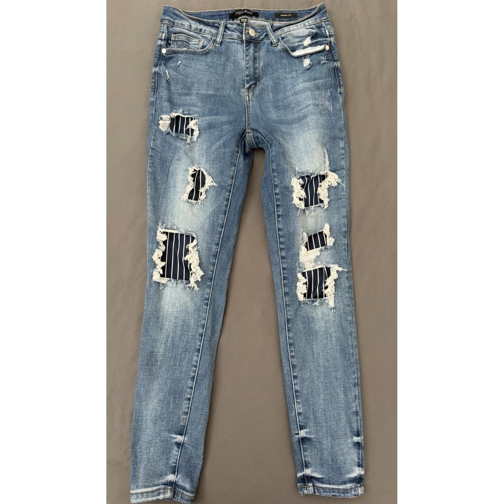 Judy Blue Jeans Womens Sz 28 High Rise Pinstripe Patch Skinny Stretch Distressed